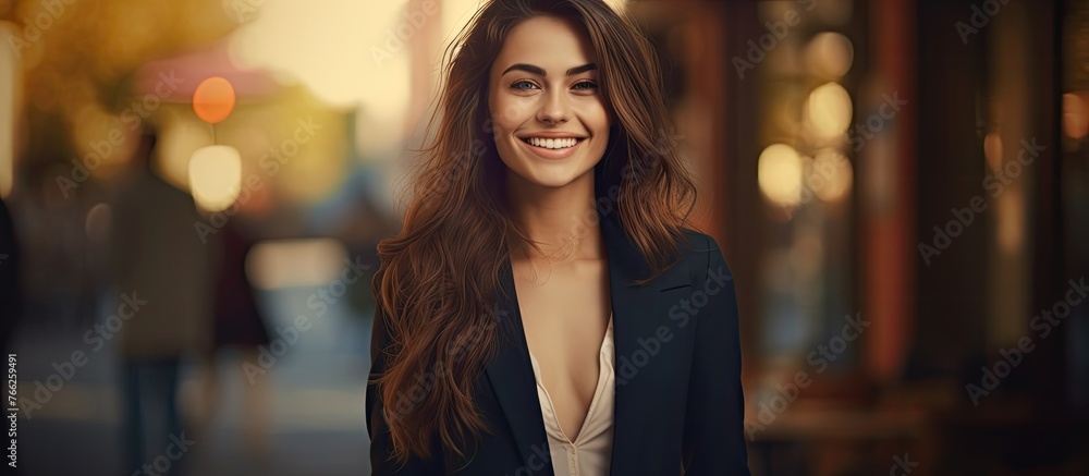 A blonde woman in formal wear with a black jacket and plunging neckline is smiling on a city street with layered hair, wearing electric blue sleeves, creating a happy and confident gesture - obrazy, fototapety, plakaty 