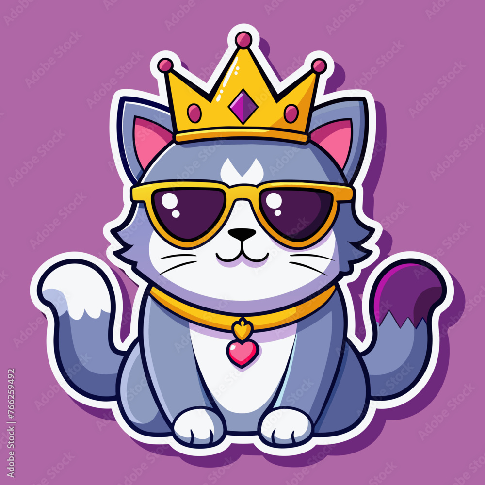 Tshirt ticker design of a grumpy cat wearing sunglasses and a crown, with the words 