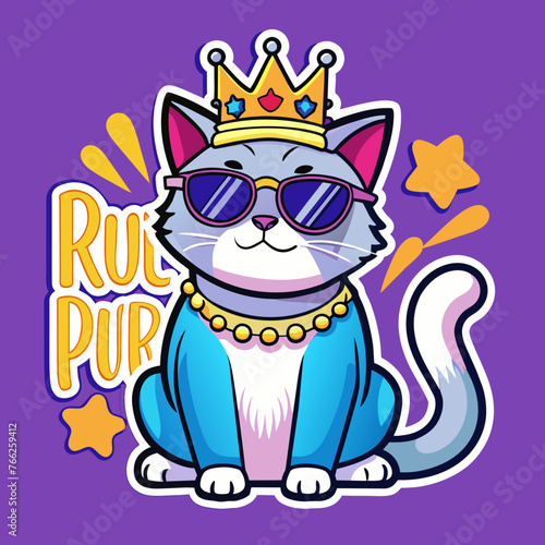 Tshirt ticker design of a grumpy cat wearing sunglasses and a crown, with the words "Royal Purr-snickety" to add a humorous touch to any outfit.