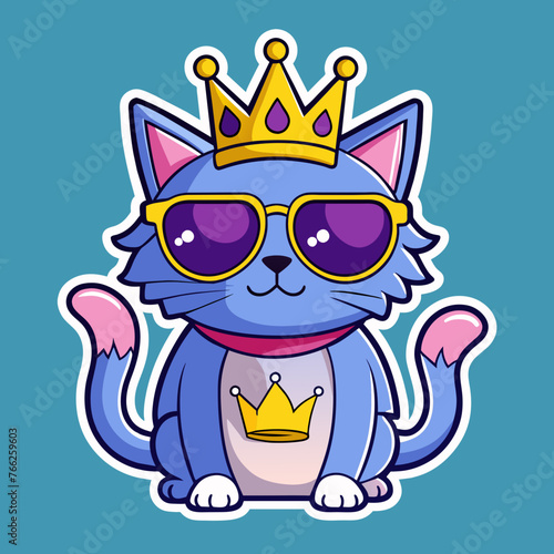 Tshirt ticker design of a grumpy cat wearing sunglasses and a crown, with the words "Royal Purr-snickety" to add a humorous touch to any outfit.