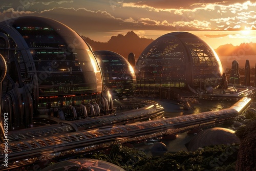 Futuristic space colony on remote planet with sleek domed habitats, advanced transportation, hovercrafts, and high-tech skyscrapers under an alien sun