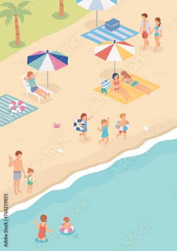 夏の海水浴場に来た大勢の人々のベクターイラスト