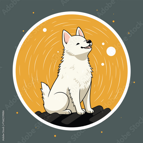 Cartoon illustration of a white fluffy dog sitting with a halo