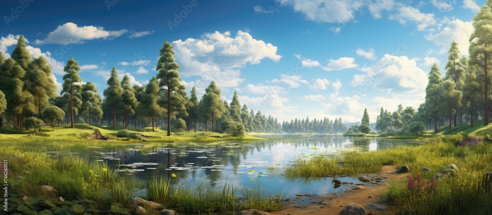 Fototapeta premium A serene lake sits at the heart of a lush forest, encircled by towering trees and vibrant plant life. The sky reflects in the calm water, creating a pictureperfect natural landscape