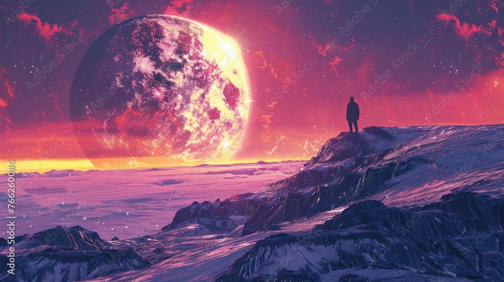 A Lone Figure Gazing Upon an Otherworldly Lunar Landscape Under a Towering Crimson Moon