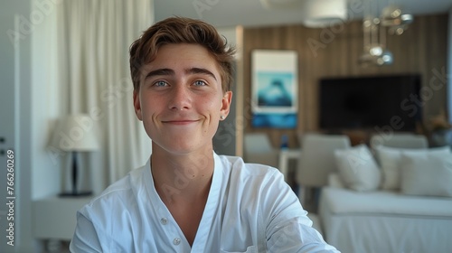 Man in White Shirt Sitting in Living Room