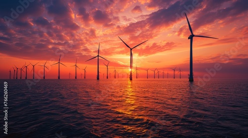 Offshore Wind Turbines Farm At sunset 