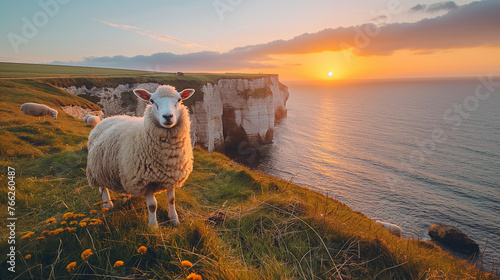 Sheep grazing at the Seven sisters cliffs, East Sussex, England.