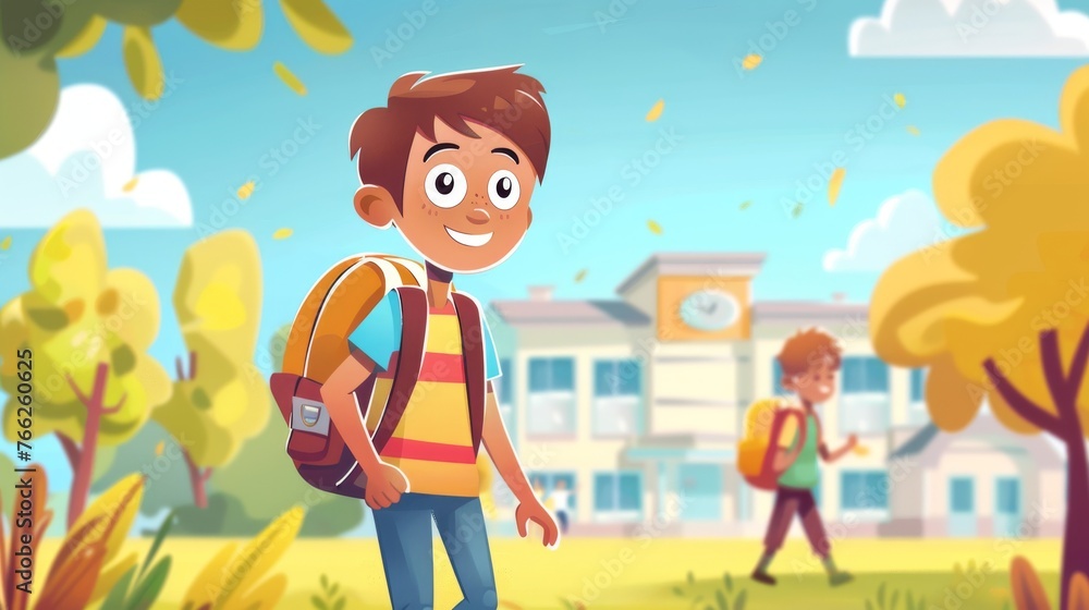 Cheerful little boy having fun and running from the school, Summer Holidays concept Cheerful little boy having fun and running from the school, Summer Holidays concept