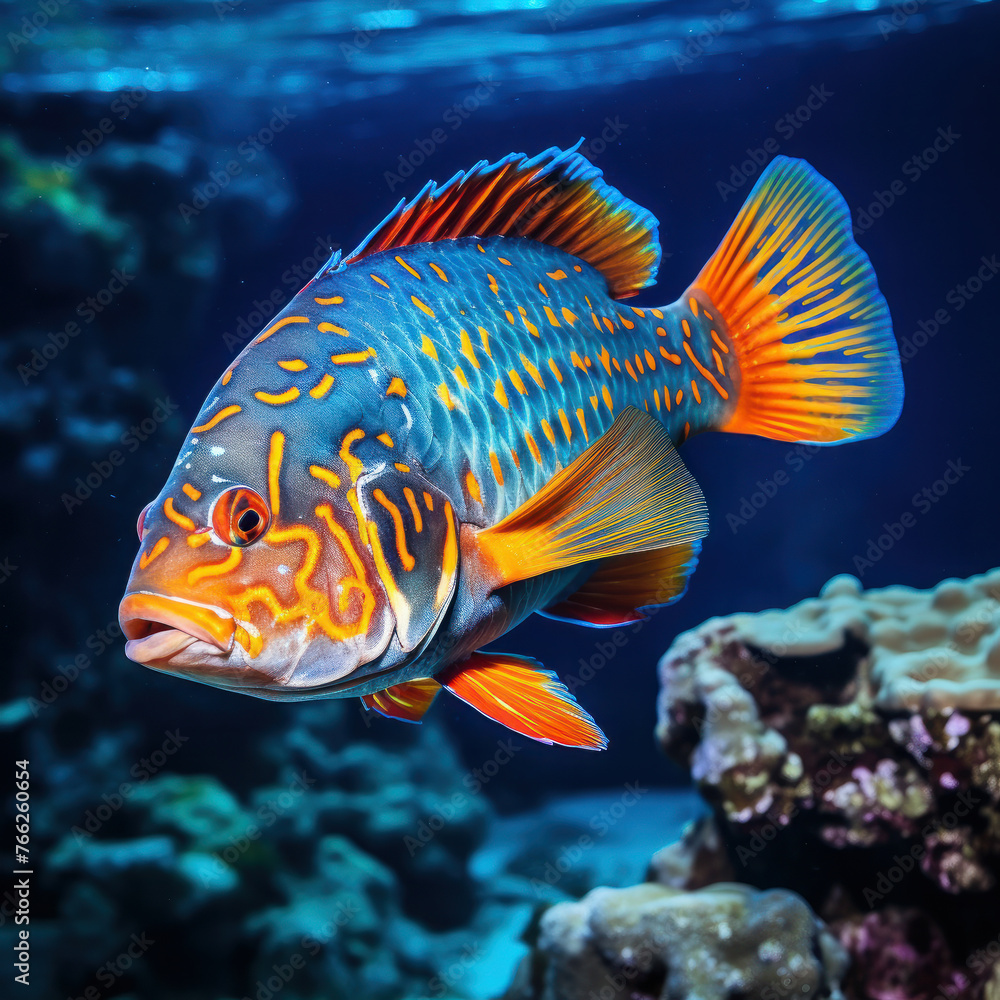 Discover the mesmerizing reflections of a rock beauty fish in clear blue waters, enhanced by polarizing filters. AI generative - obrazy, fototapety, plakaty 