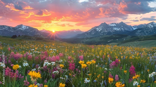 Wildflowers Field With Background Mountains