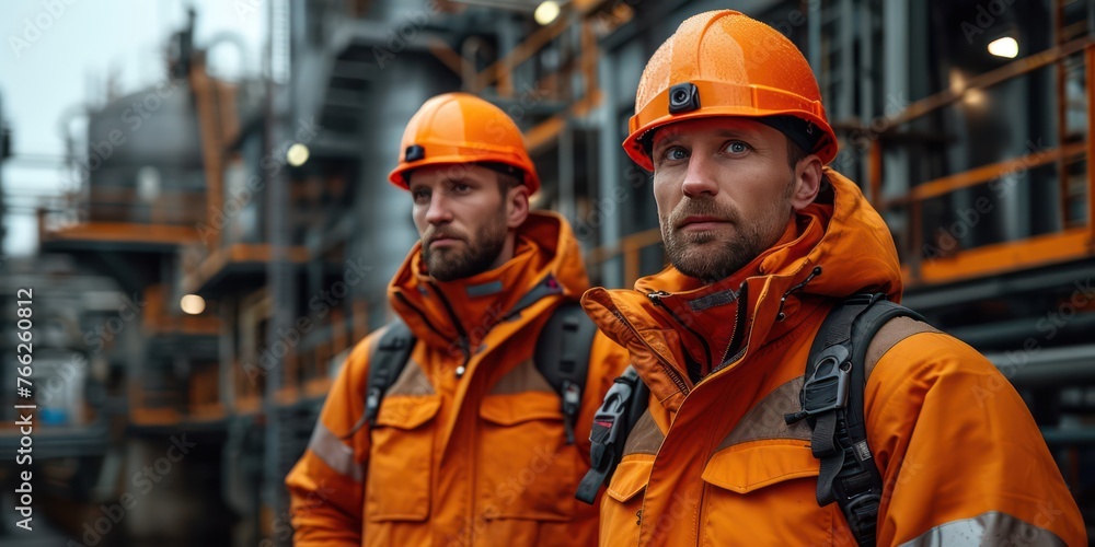 Two engineer men wearing hard hats and orange hi-vis clothing at an aluminum refinery, sun flare Two engineer men wearing hard hats and orange hi-vis clothing at an aluminum refinery, sun flare