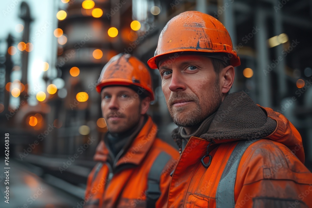 Two engineer men wearing hard hats and orange hi-vis clothing at an aluminum refinery, sun flare Two engineer men wearing hard hats and orange hi-vis clothing at an aluminum refinery, sun flare
