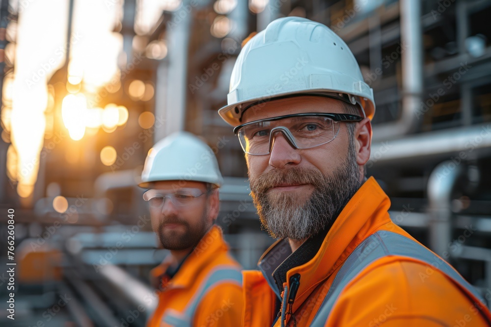 Two engineer men wearing hard hats and orange hi-vis clothing at an aluminum refinery, sun flare Two engineer men wearing hard hats and orange hi-vis clothing at an aluminum refinery, sun flare
