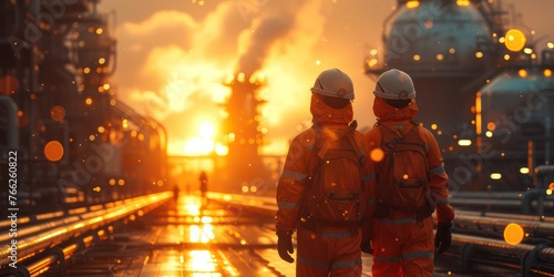 Two engineer men wearing hard hats and orange hi-vis clothing at an aluminum refinery, sun flare