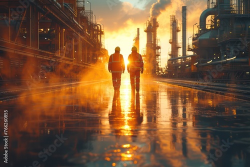Two engineer men wearing hard hats and orange hi-vis clothing at an aluminum refinery, sun flare