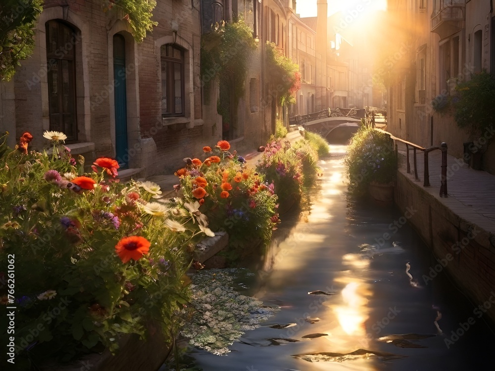 Sunset Glow Over Enchanting Canal Street - Flowers, Architecture, Water Reflections