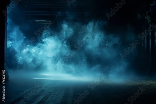 Smoky cyan Light Shapes in the Dark,on the empty stage 