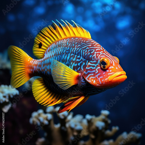 Experience the beauty of underwater colorism with this captivating scene of a rock beauty fish swimming amidst colorful coral reefs. AI generative © Kamonwan