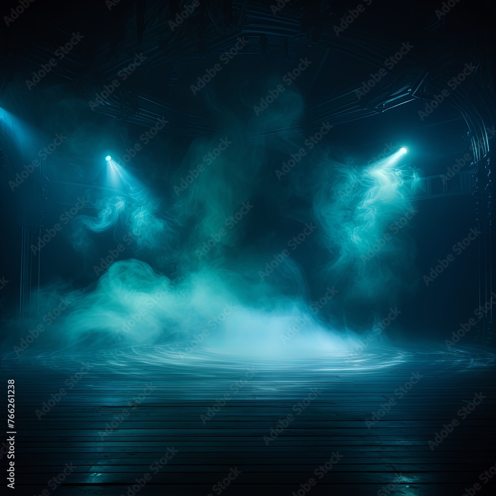 Smoky cyan Light Shapes in the Dark,on the empty stage 