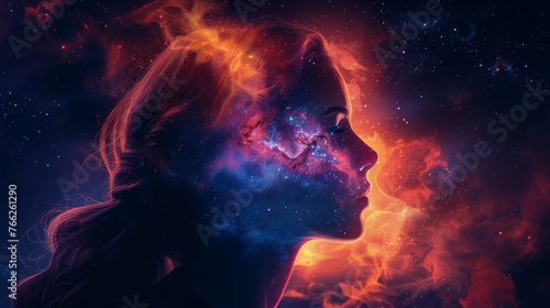 Womans Face Amidst Star-Filled Space