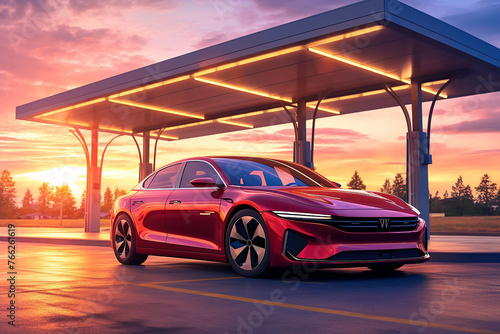 Modern red premium car at a gas station at sunset. 3D rendering.
