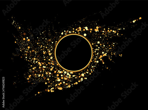 Golden circle of shiny particles on a black background. Shining golden frame, place for text. Festive round border, frame.