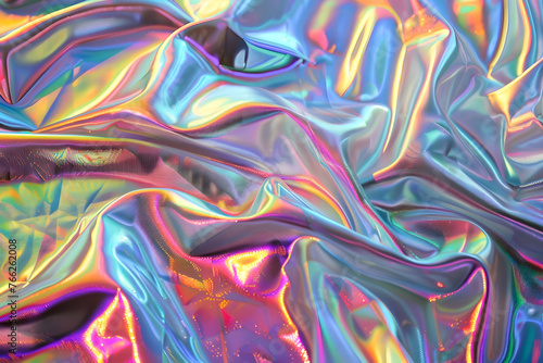 Holographic abstract pattern, wrinkled fabric background. Multicolor gradient foil linen