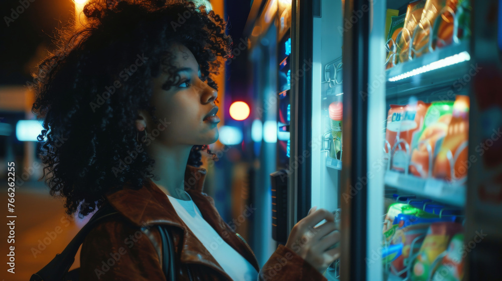Obraz premium Woman buying food from automatic vending machine