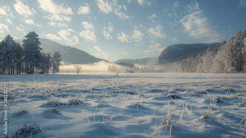 Snow Covered Field With Mountains