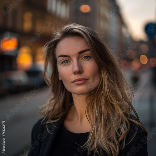 Portrait of beautiful blonde scandinavian woman model on the street of Stockholm 