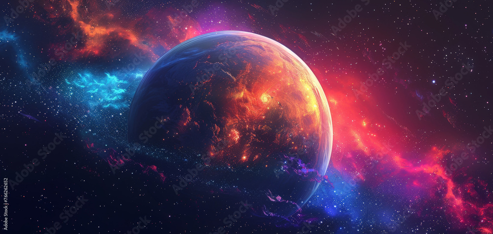A vibrant planet surrounded by a mesmerizing mix of colorful cosmic clouds and stars, illuminating space with an ethereal glow.
