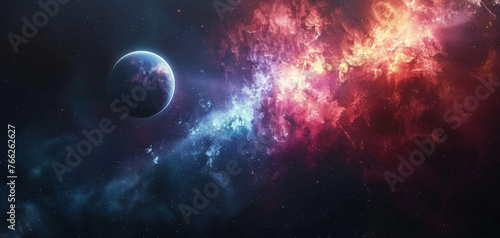 A vibrant cosmic scene featuring a planet against a backdrop of colorful nebula, illustrating the beauty and mystery of outer space.