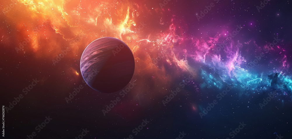 A lone planet amidst a vibrant cosmic dance of fiery and icy nebula, illustrating the serene yet chaotic beauty of the universe.