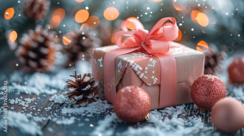 Pink Ribbon-Wrapped Present in Snow