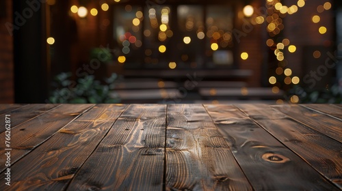 Wooden Table With Lights in Background