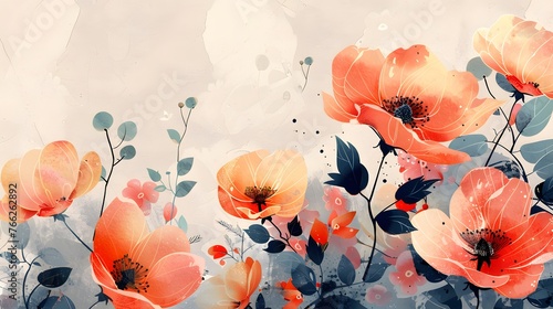 Floral and botanical background, Abstract pattern with spring flowers on a cream background