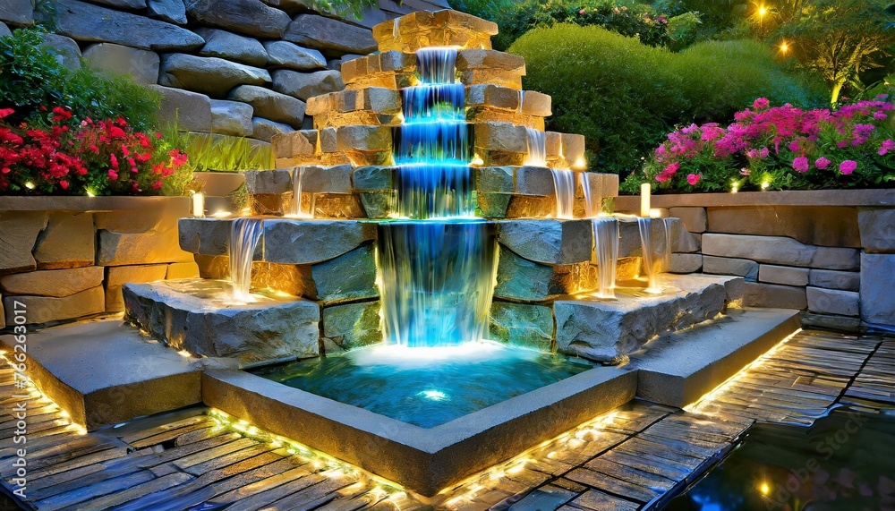 fountain in the park.a realistic depiction of a tiered bowls floor-stacked stone waterfall fountain enhanced by LED lights. The artwork portrays the natural beauty of the stone structure and the tranq - obrazy, fototapety, plakaty 