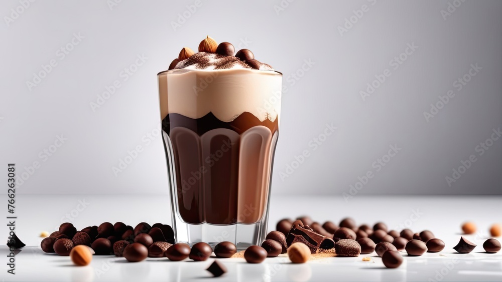 glass with milkshake and chocolate shake with milk foam, chocolate chips, nuts. glass with milkshake and chocolate shake with milk foam, chocolate chips, nuts.