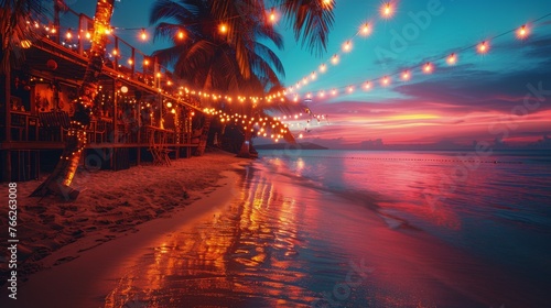 Palm Trees and Lights Reflected in Beach Water