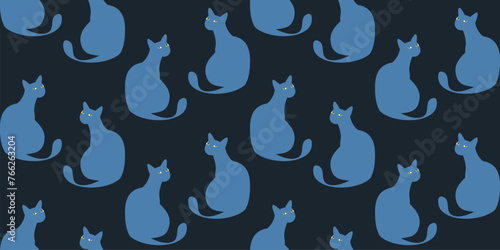 Simple cat silhouette seamless pattern. British shorthair or russian blue kitty as repeating texture. Elegant wallpaper template. Vector illustration.