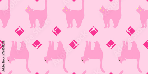 Seamless birthday cat pattern. Cute repeating texture with funny pink kitty and presents. Festive wrapping paper template. Birthday or new year background.