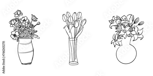 Line art glowers in the vase. Tulip, lilie, anemone sketch