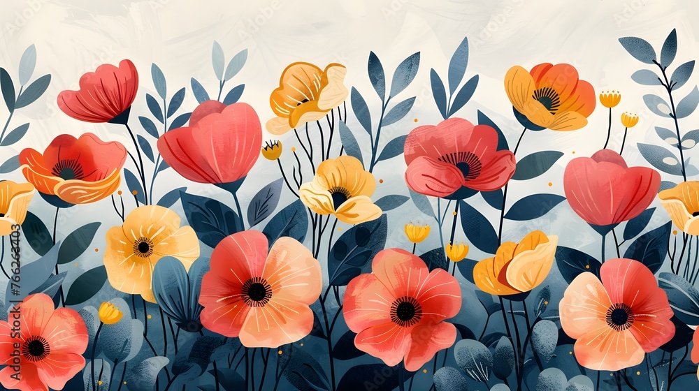 Floral and botanical background, Abstract pattern with spring flowers on a white background Floral and botanical background, Abstract pattern with spring flowers on a white background