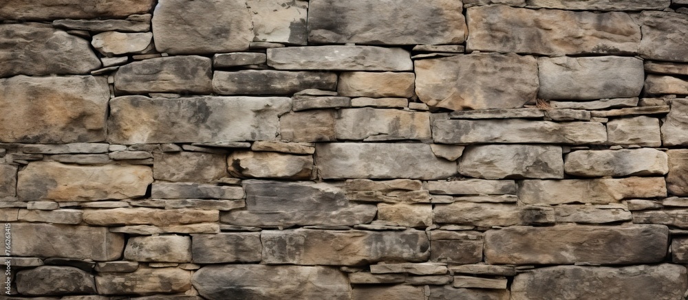 A detailed view of a brickwork stone wall with numerous rectangular bricks. This building material has a rich history and is made from natural bedrock and composite materials