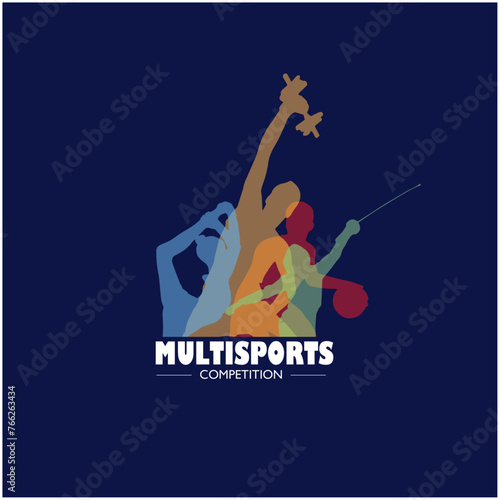 Athletes day. Multisports competition. Sports silhouettes blue yellow red green. Multisport. digital design and printing model. Copy space - Stock vector