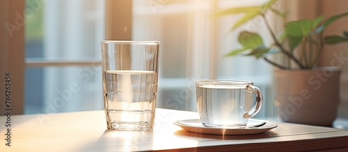 Glass of water and cup placed on a wooden table in a simple setting