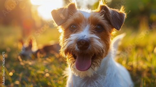 Brown and White Dog Standing on Lush Green Field