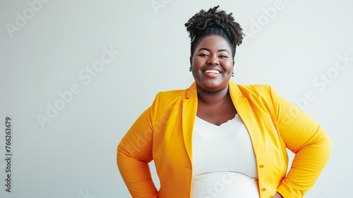 Beautiful Plus Size Black Woman at Office, Casual Clothes. Confident, Outgoing, Smiling. Successful Business Person, Educated Professional. Equality, Diversity at Work, International Company, Career. 