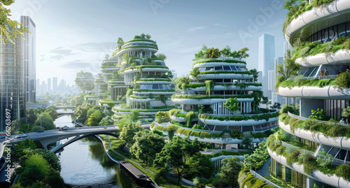 A futuristic cityscape with greenery covered buildings, walking paths and electric vehicles on flying bridges. In the background is an urban landscape of tall skyscrapers and lush trees